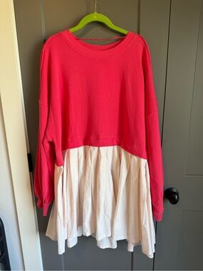 Free People Coral Pink Sweatshirt Babydoll Mini Dress White Poplin Skirt L